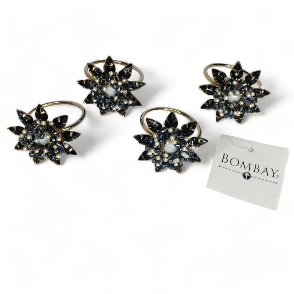 The Bombay Company Black Pearl Floral Napkin Ring Set with Napkins